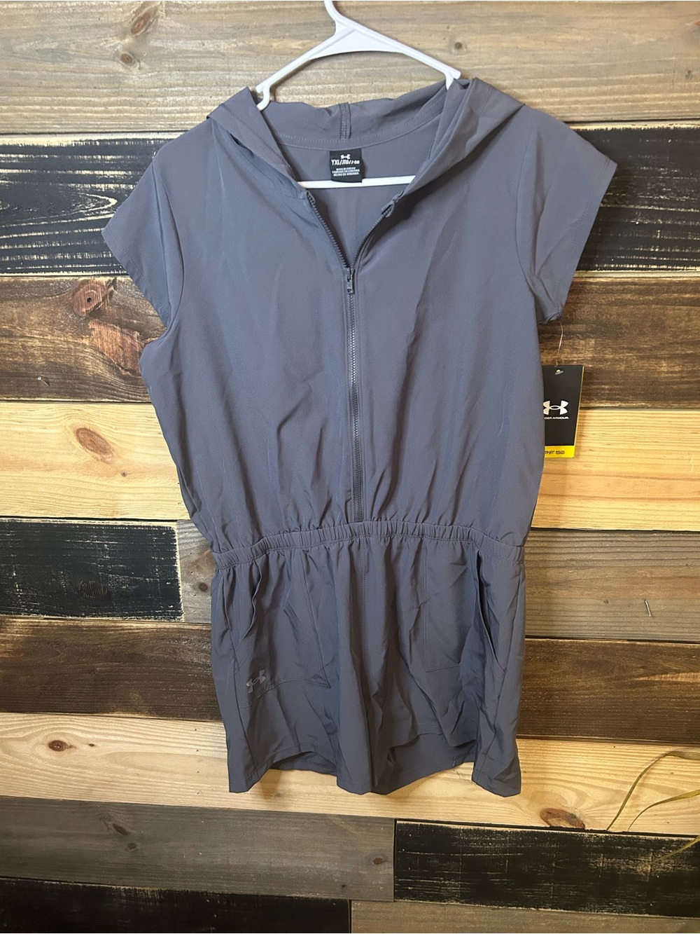 Under Armour Girls' Hooded Short-Sleeve One-Piece Romper in Slate Gray